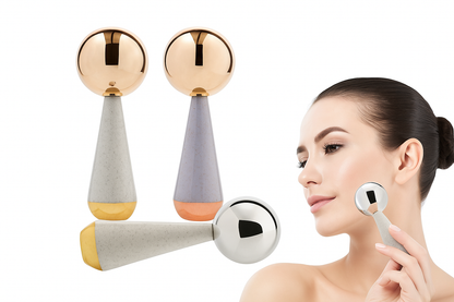 Two facial massagers with different color options and a woman using one of them.