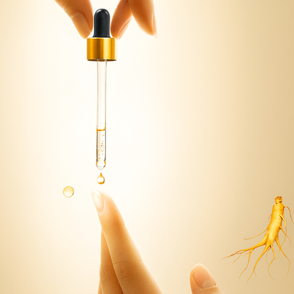 Dropper with yellow liquid being held by a hand, with ginseng root on a beige background