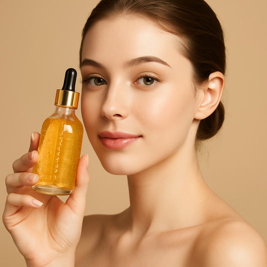 Woman holding a bottle of skincare serum with a beige background