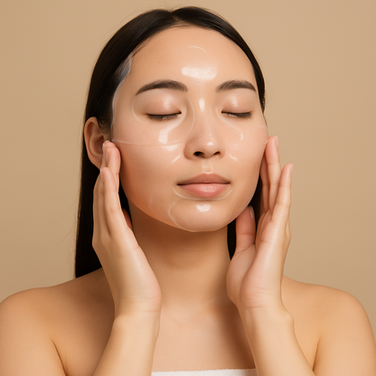 Woman with hands on face against a beige background