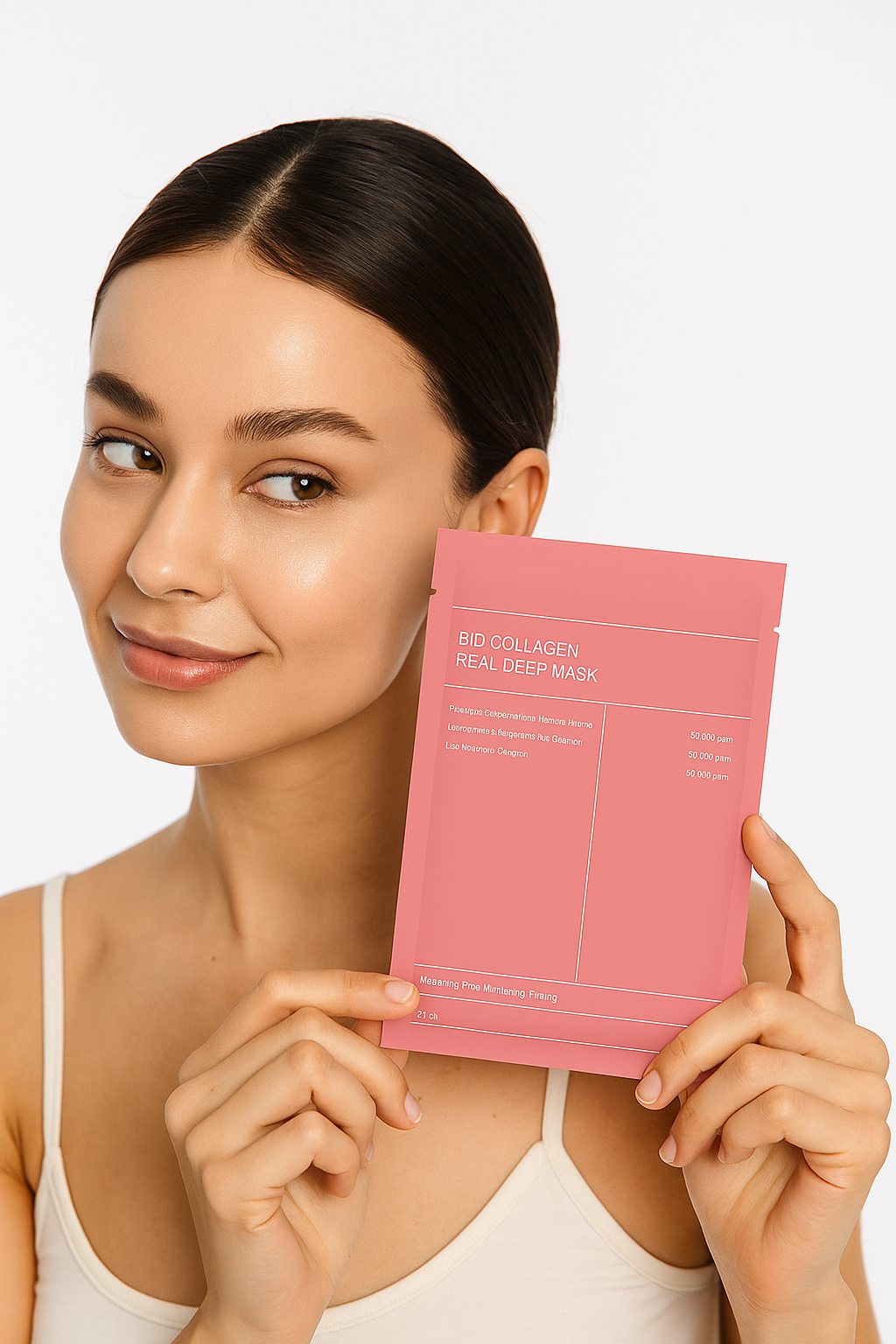 Woman holding a pink sheet mask against a white background