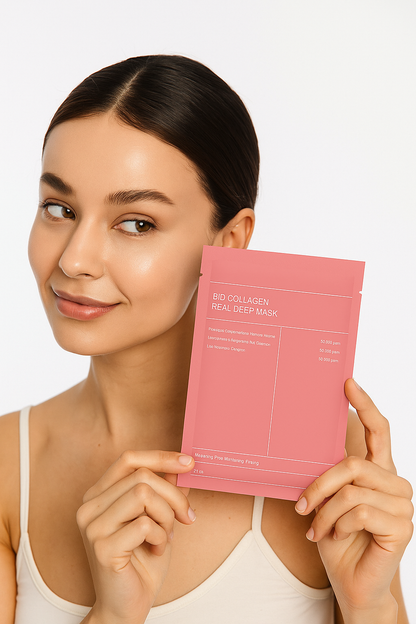 Woman holding a pink sheet mask against a white background