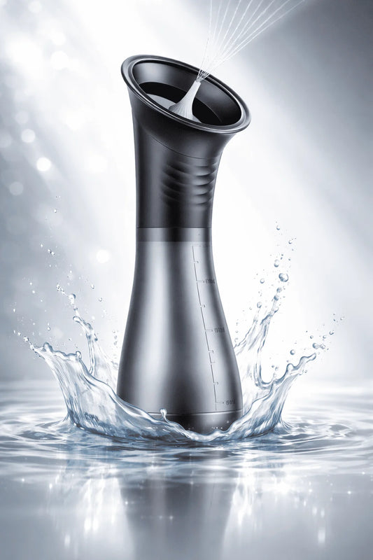Black and silver spray device with water splashes on a gray background