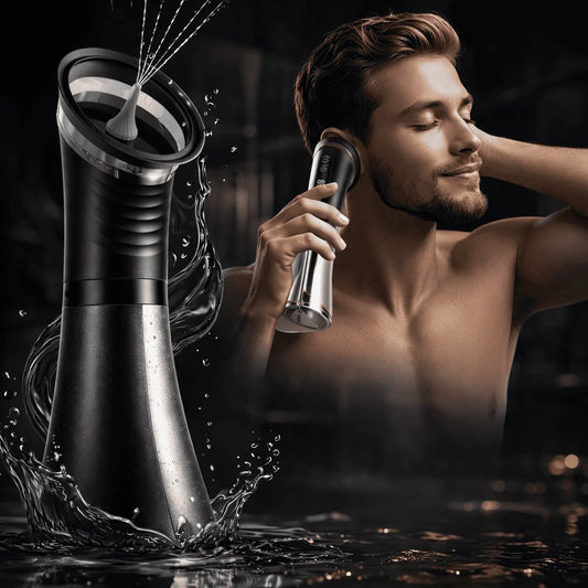 Man using a handheld showerhead with water splashing around, against a dark background.
