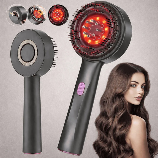 Hair styling tool with LED lights and a woman with styled hair on a gray background