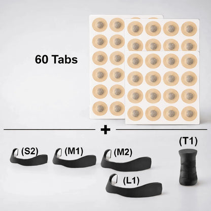 Packaging of adhesive tabs with applicators on a white background