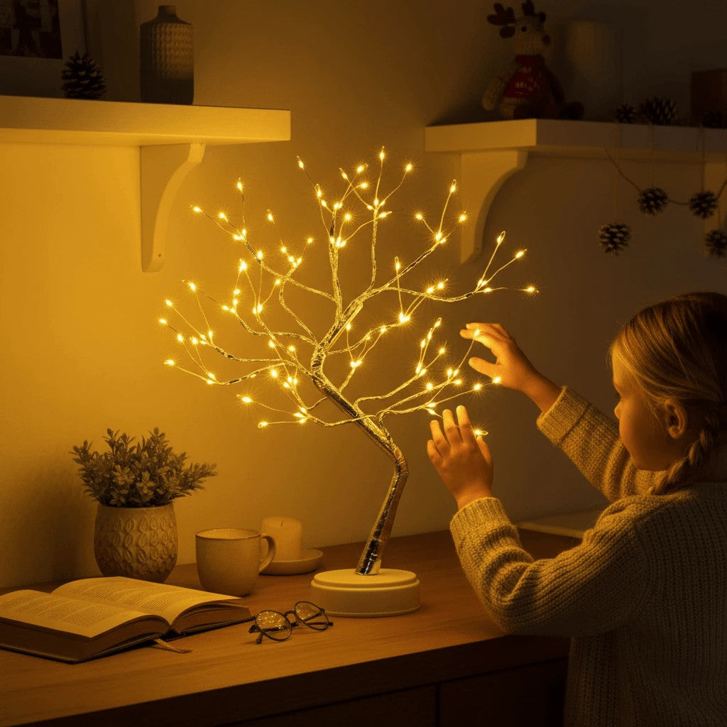 Person interacting with a decorative LED tree on a table in a warm, cozy setting.