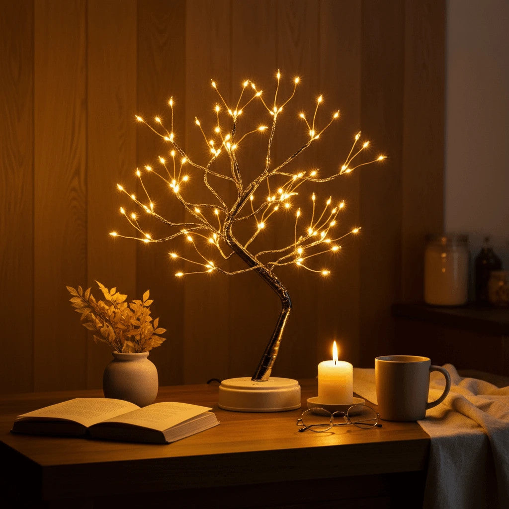 Decorative LED tree on a table with a candle and book in a warm setting