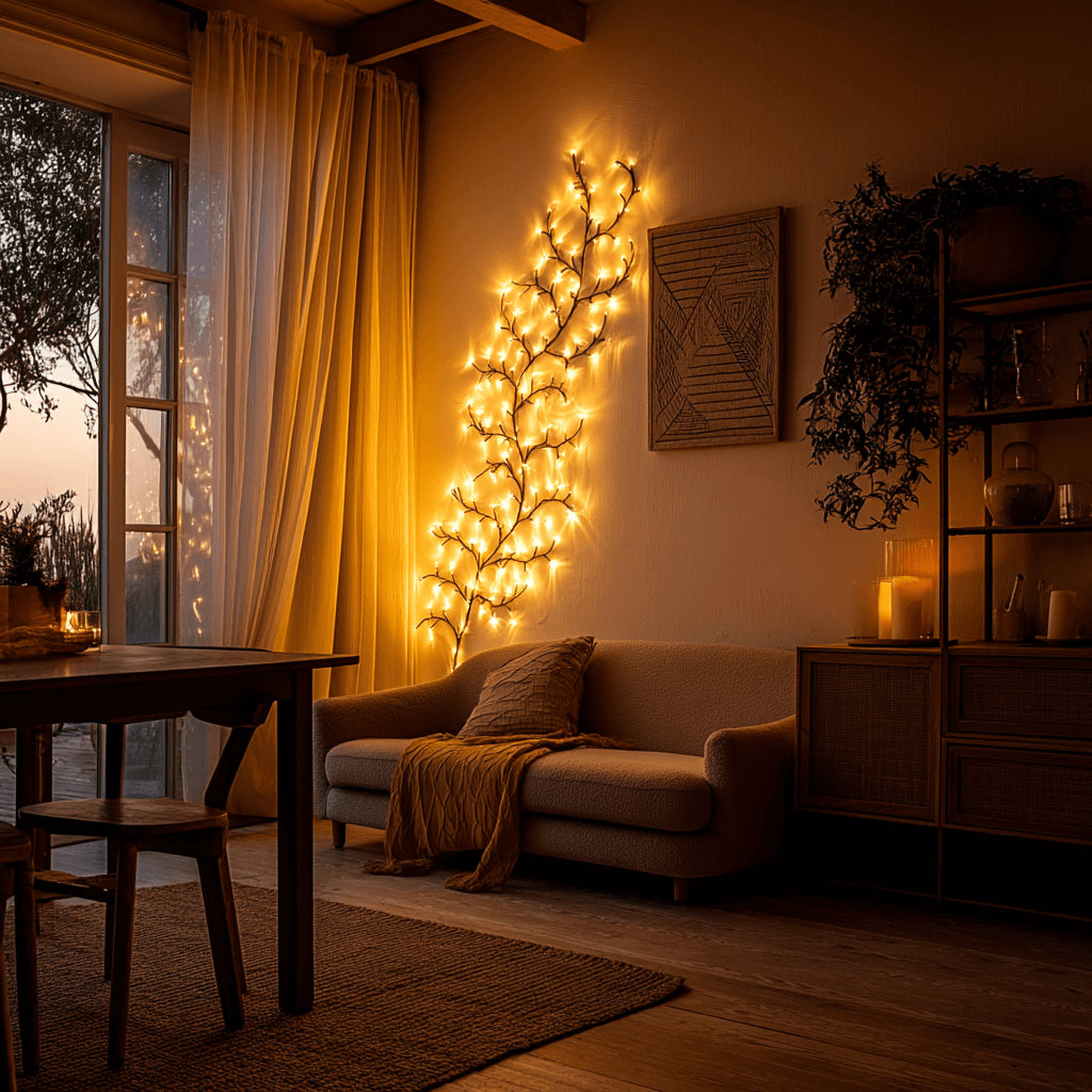 Cozy living room with string lights on the wall, a couch, and a table.