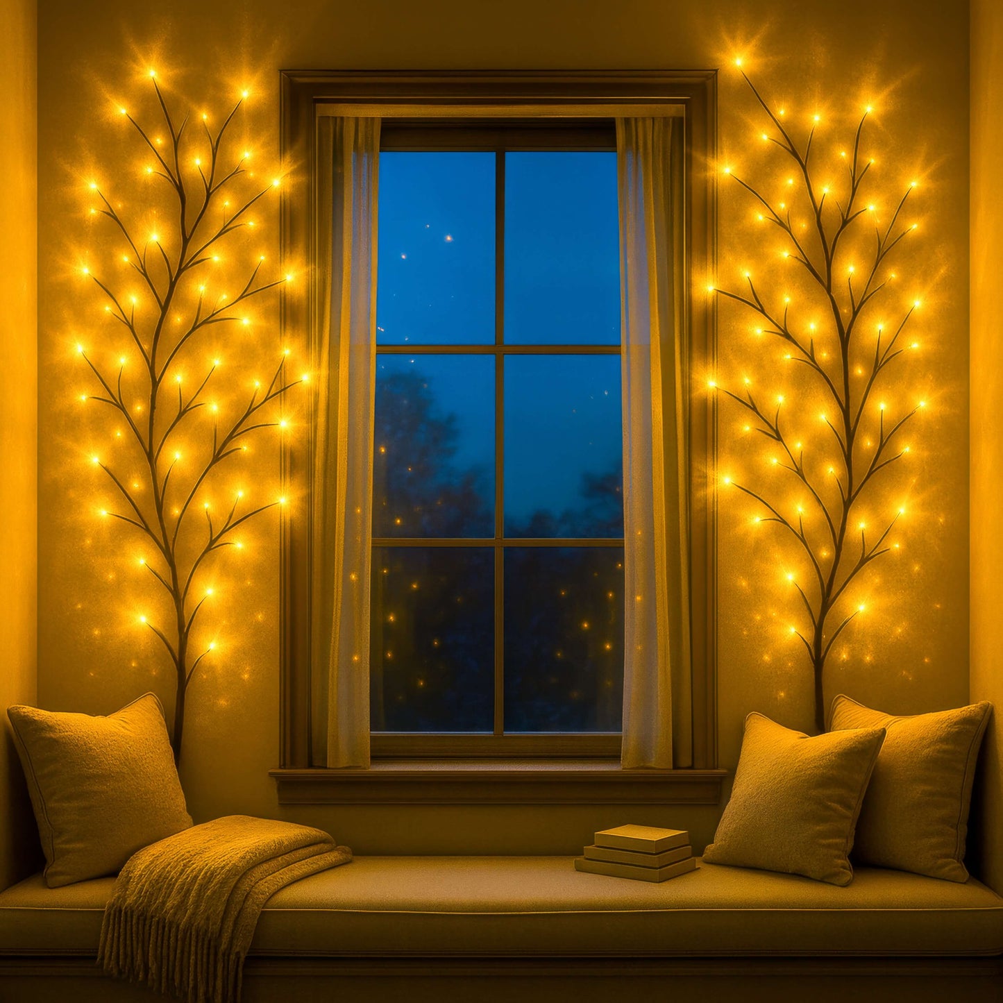 Window seat with lit branches on a wall, cozy indoor setting
