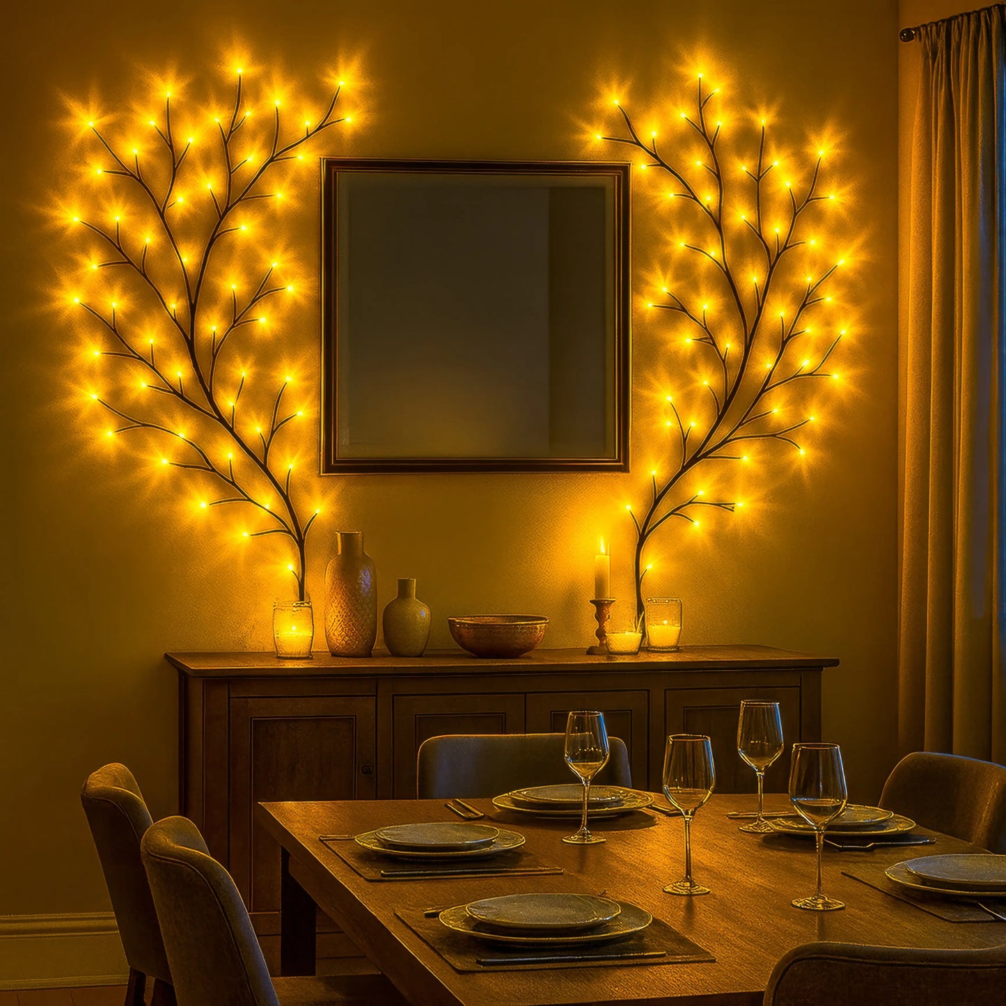 Dining room with wall lights shaped like branches, a mirror, and a set table.