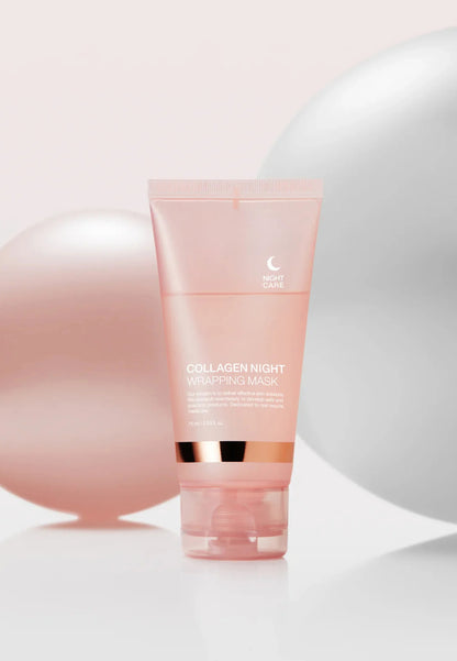 Collagen night mask tube on a soft pink background