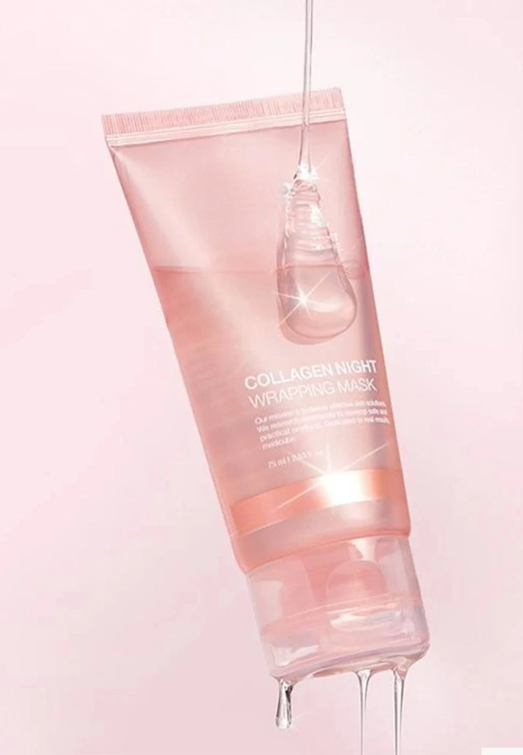 Collagen night moisturizing mask with pink packaging on a light pink background