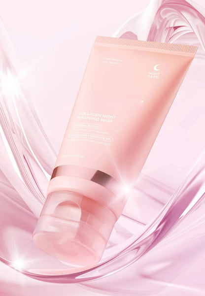 Pink skincare product with a white label on a pink fabric background