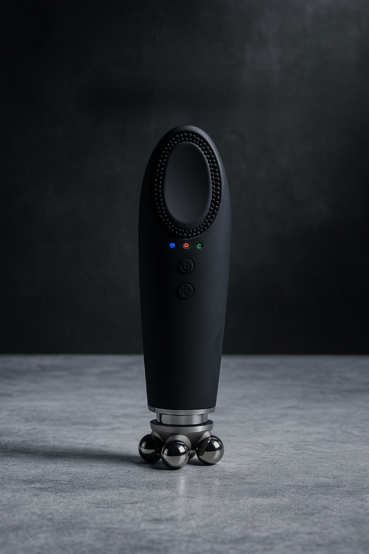 Black handheld device with spherical ends on a gray surface and dark background