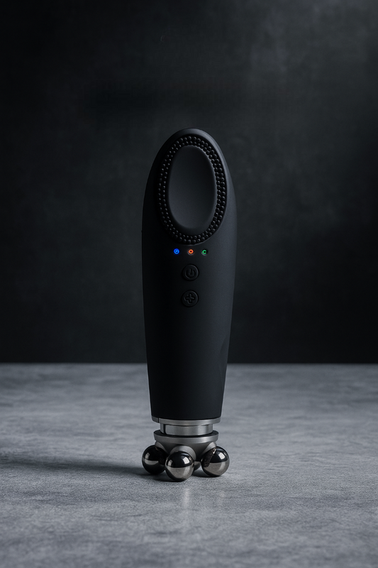 Black handheld device with spherical ends on a gray surface and dark background