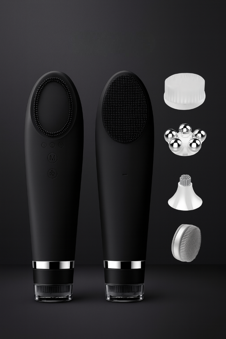 Two black electronic devices with additional attachments on a dark background