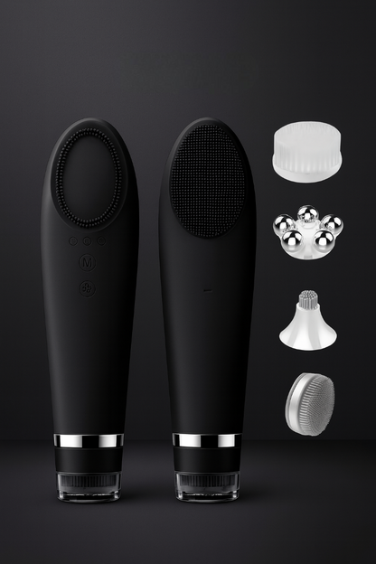 Two black electronic devices with additional attachments on a dark background