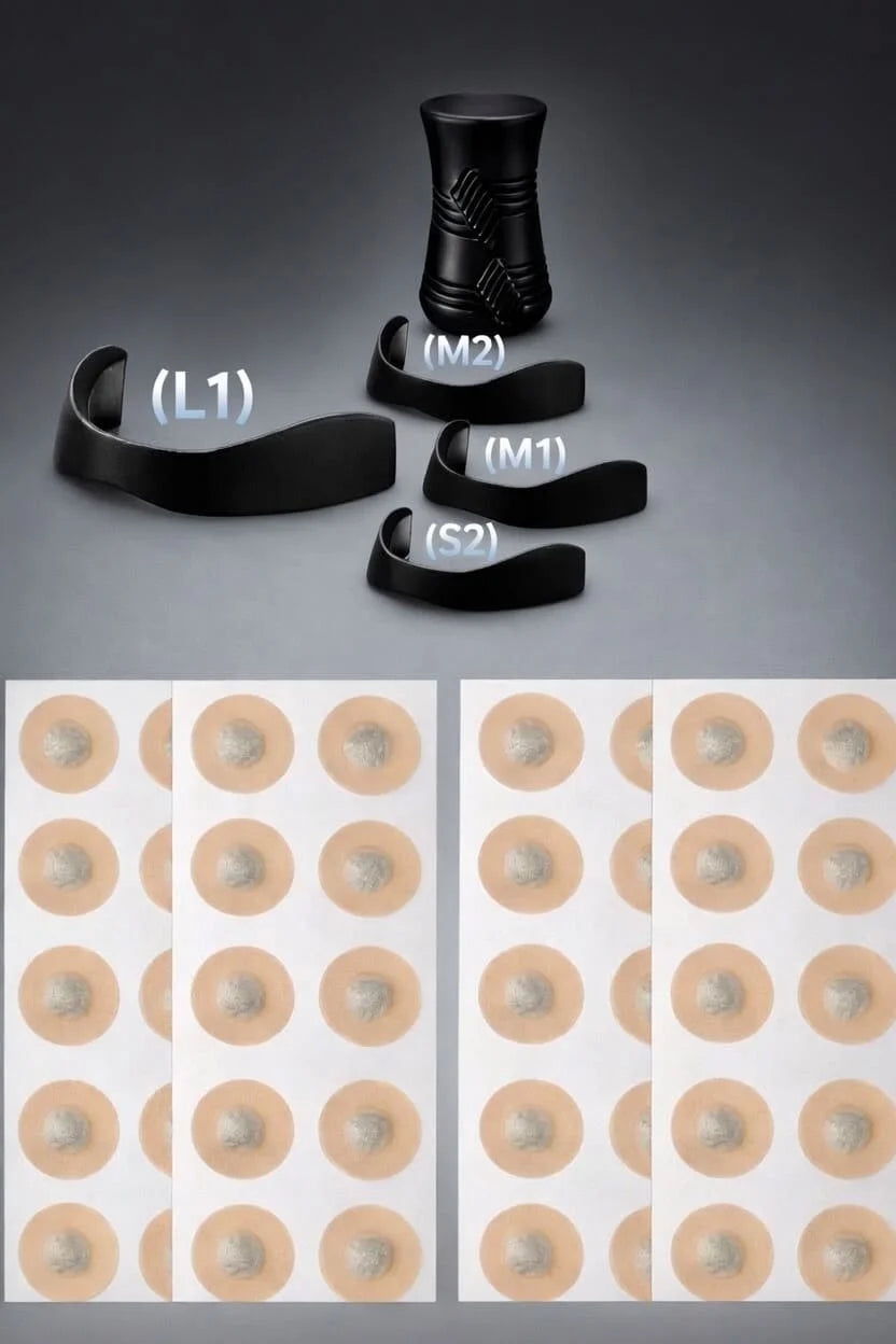 Set of black adhesive patches and brown adhesive patches on a gray background