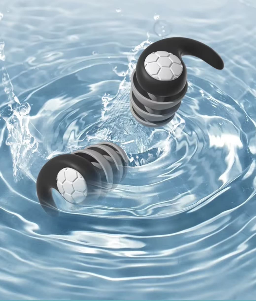 Black and gray underwater camera housing with soccer ball design in water