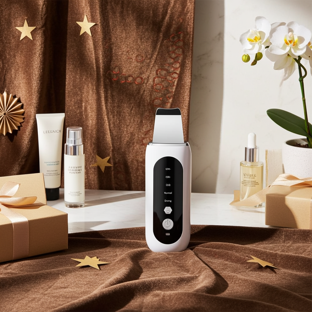 Beauty device on a table with skincare products and decorative elements