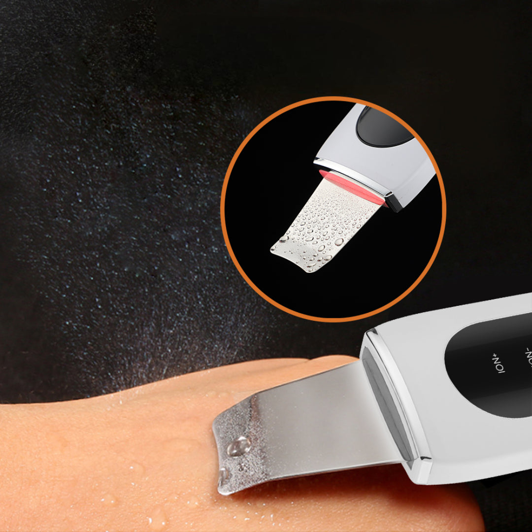 Hair removal device on skin with close-up of head on black background