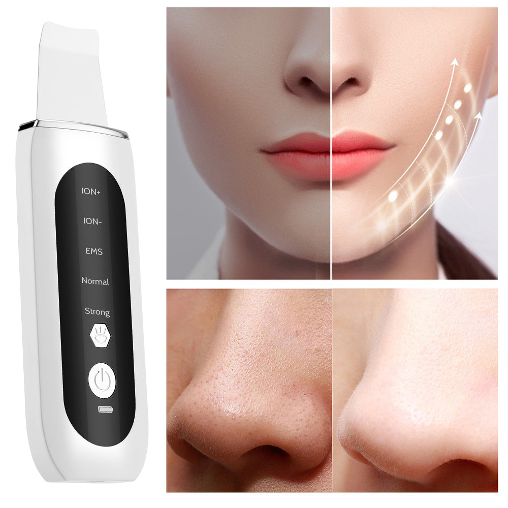 LED Ultrasonic Facial Skin Scrubber 4-in-1 device with protective cover