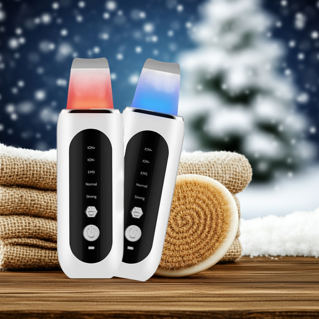 Two electronic devices with color-changing tops on a wooden surface with a snowy background