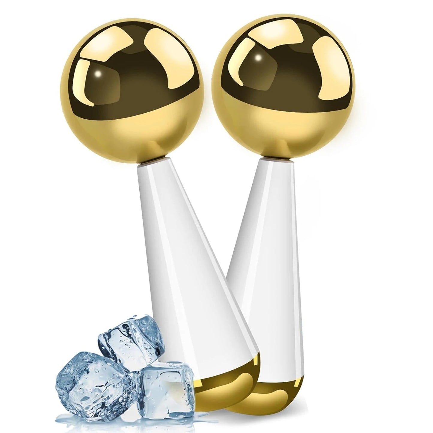 Two gold and white cosmetic bottles with ice cubes on a white background