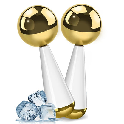 Two gold and white cosmetic bottles with ice cubes on a white background