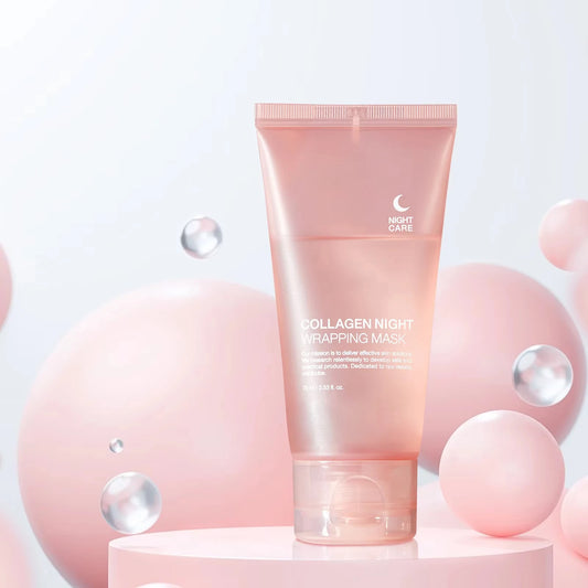 Collagen night mask tube on a light pink background with bubbles