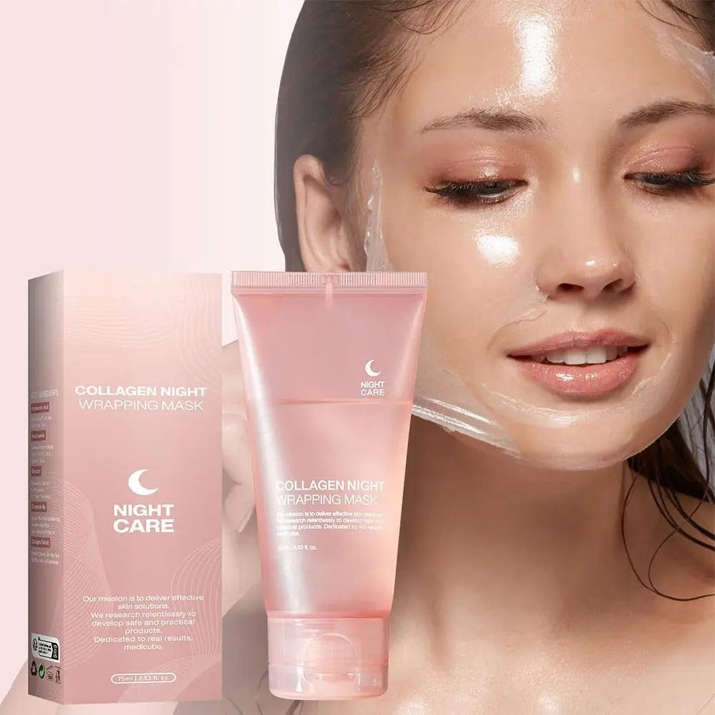 Collagen night wrapping mask packaging and product with a woman applying it on her face.