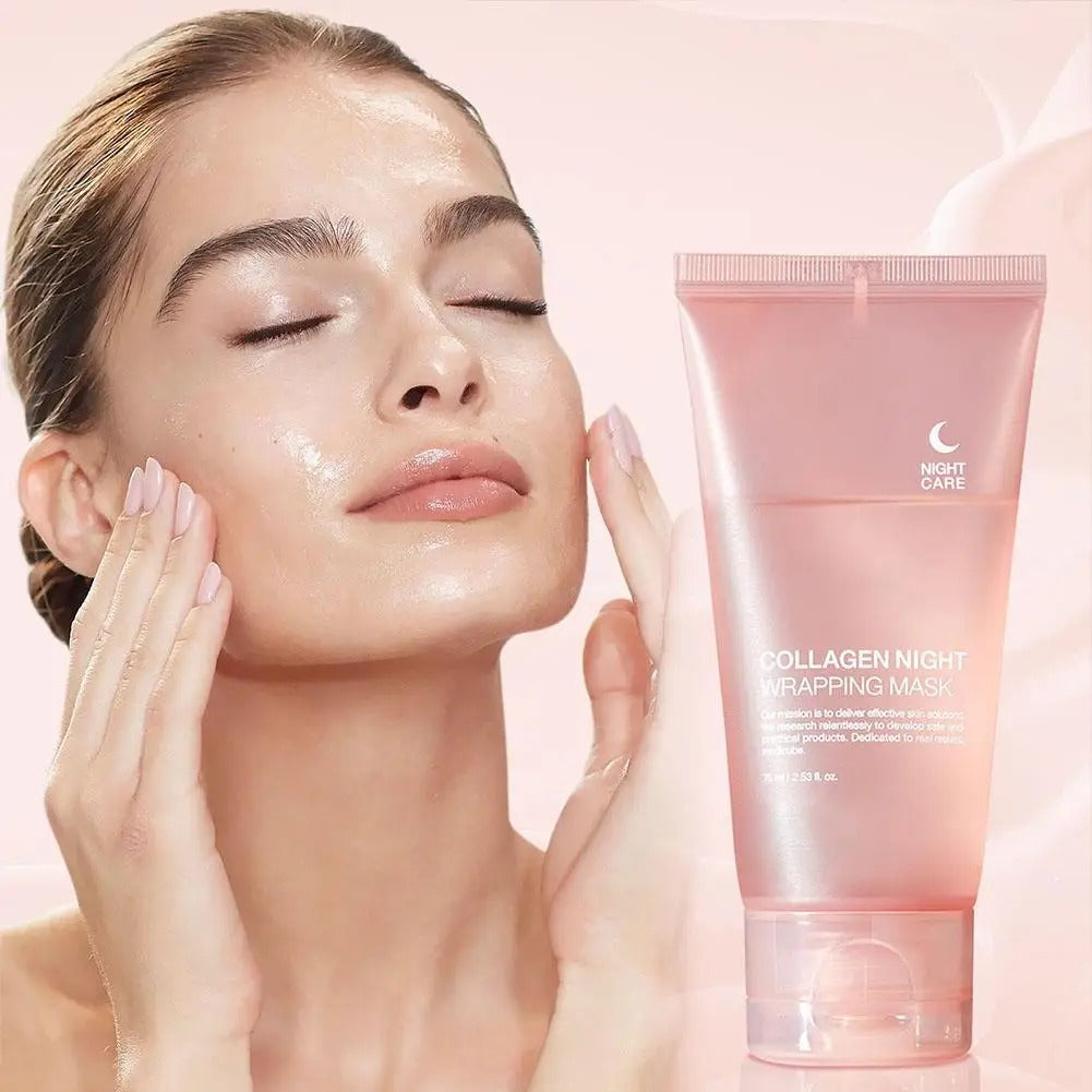 Woman applying a collagen night wrapping mask with a pink tube on a soft pink background
