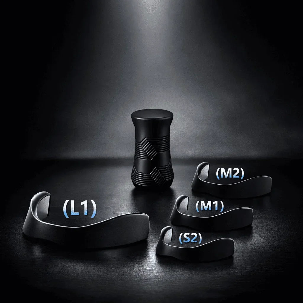 Black cylindrical product with smaller circular components on a dark background
