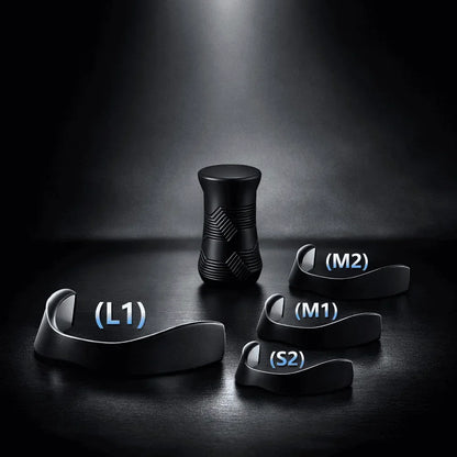Black cylindrical product with smaller circular components on a dark background