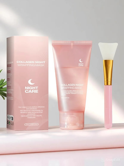 сollagen overnight wrapping peel-off mask tube with applicator on white background