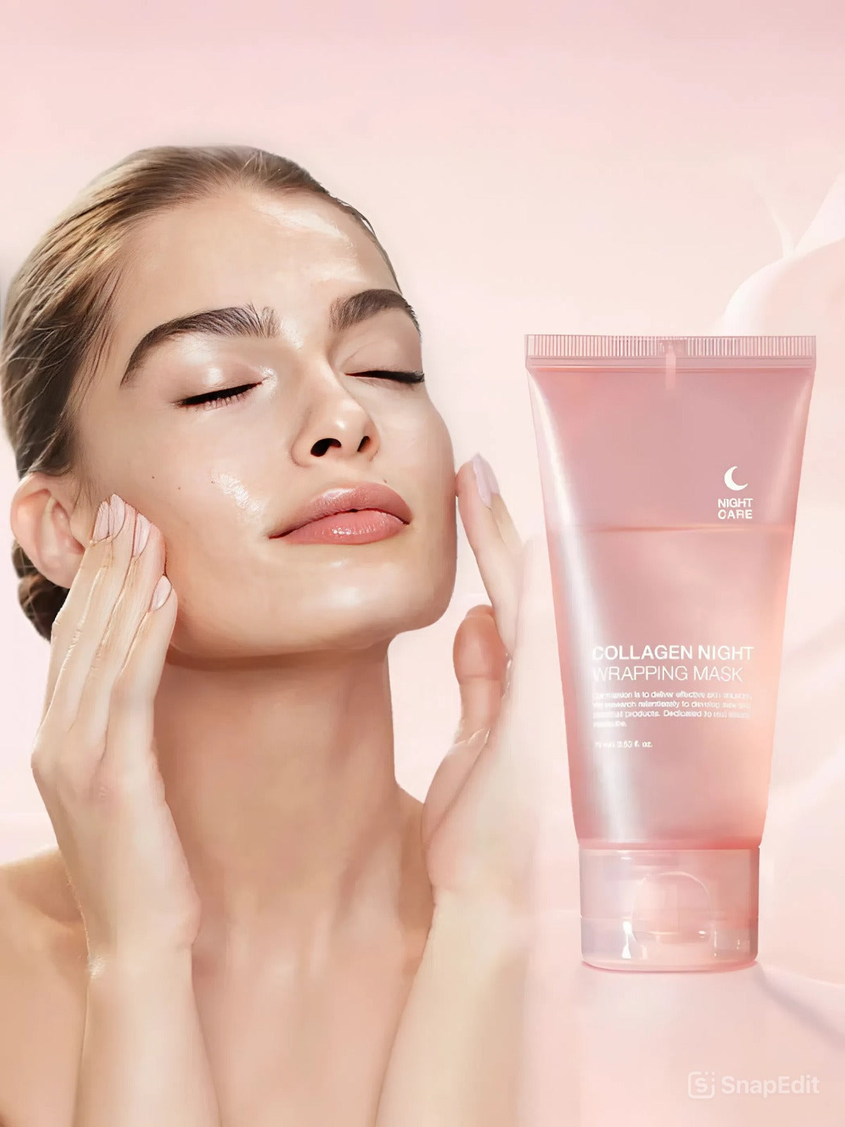 Collagen night wrapping mask packaging and product with a woman applying it on her face